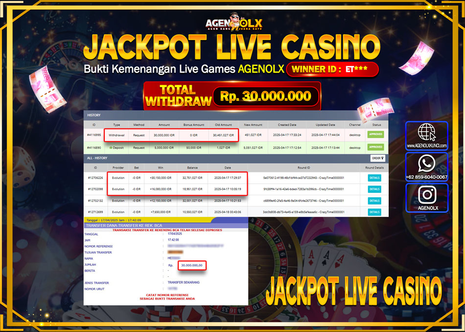 AGENOLX JACKPOT LIVE CASSINO Rp 30.000.000,- LUNAS