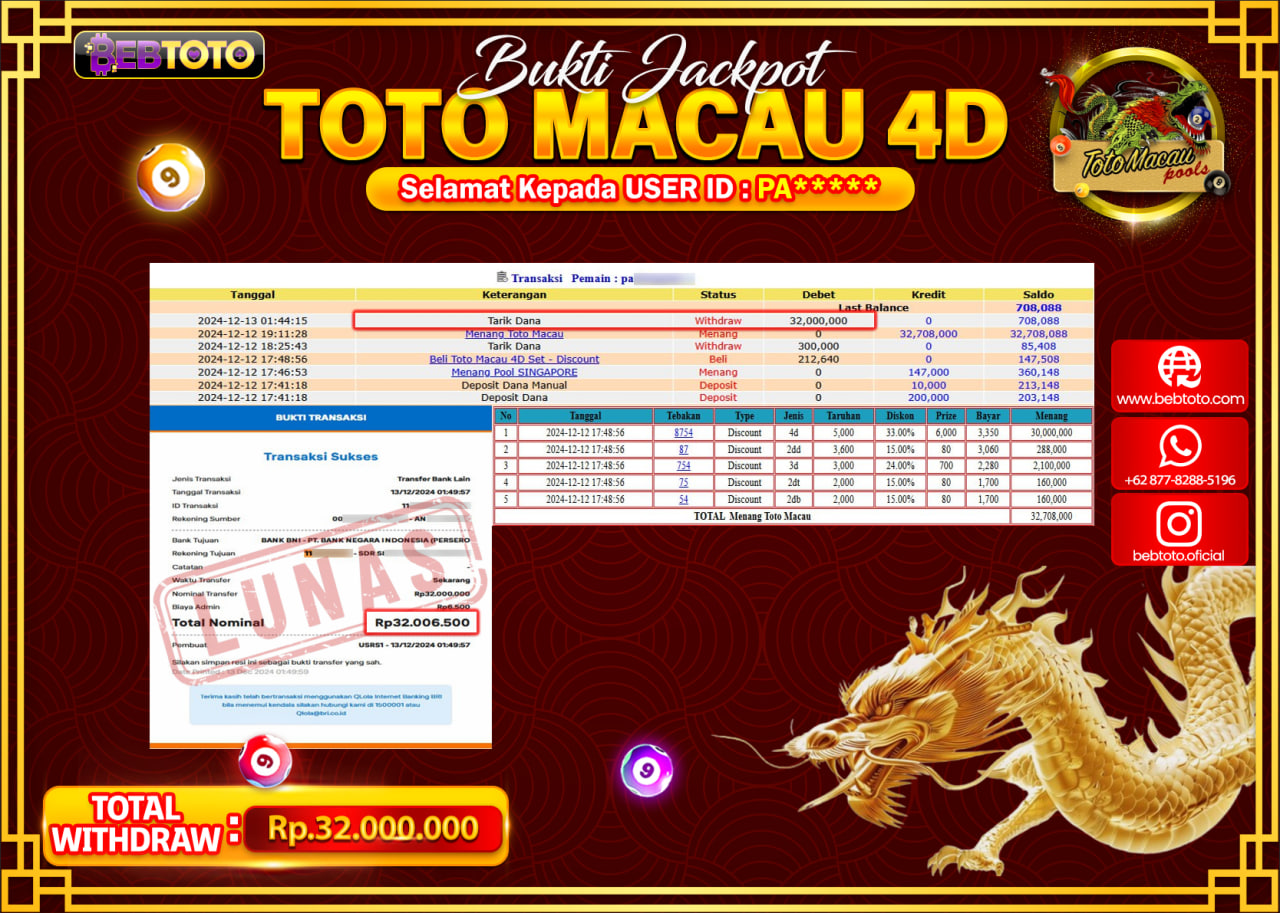 JACKPOT TOGEL BEBTOTO TOTO MACAU 4D Rp.32.000.000.,- LUNAS