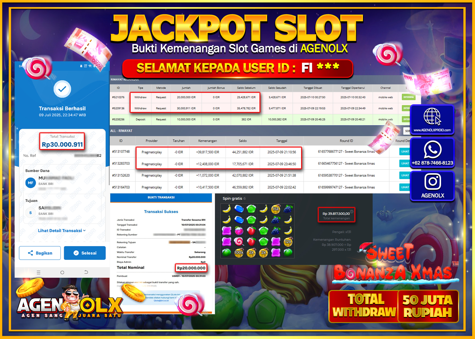 AGENOLX JACKPOT  SLOT SWEET BONANZA XMAS  Rp 50.000.911,- LUNAS