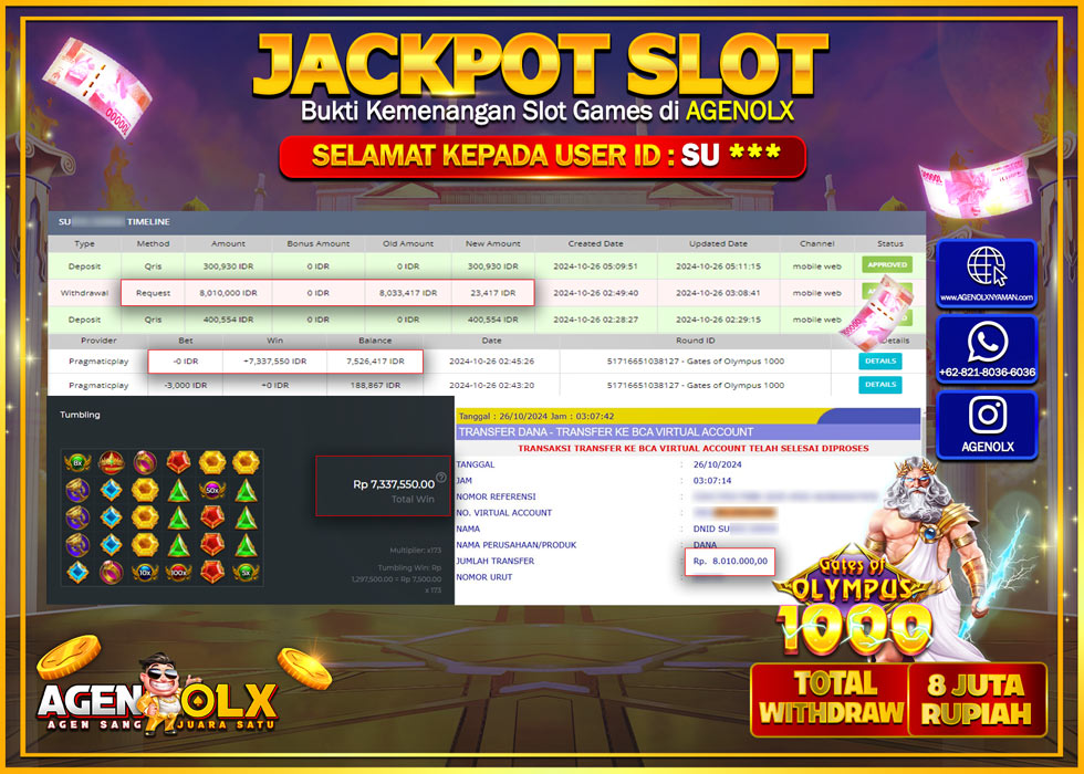 AGENOLX JACKPOT  SLOT GATES OF OLYMPUS 1000  Rp 8.000.000,- LUNAS