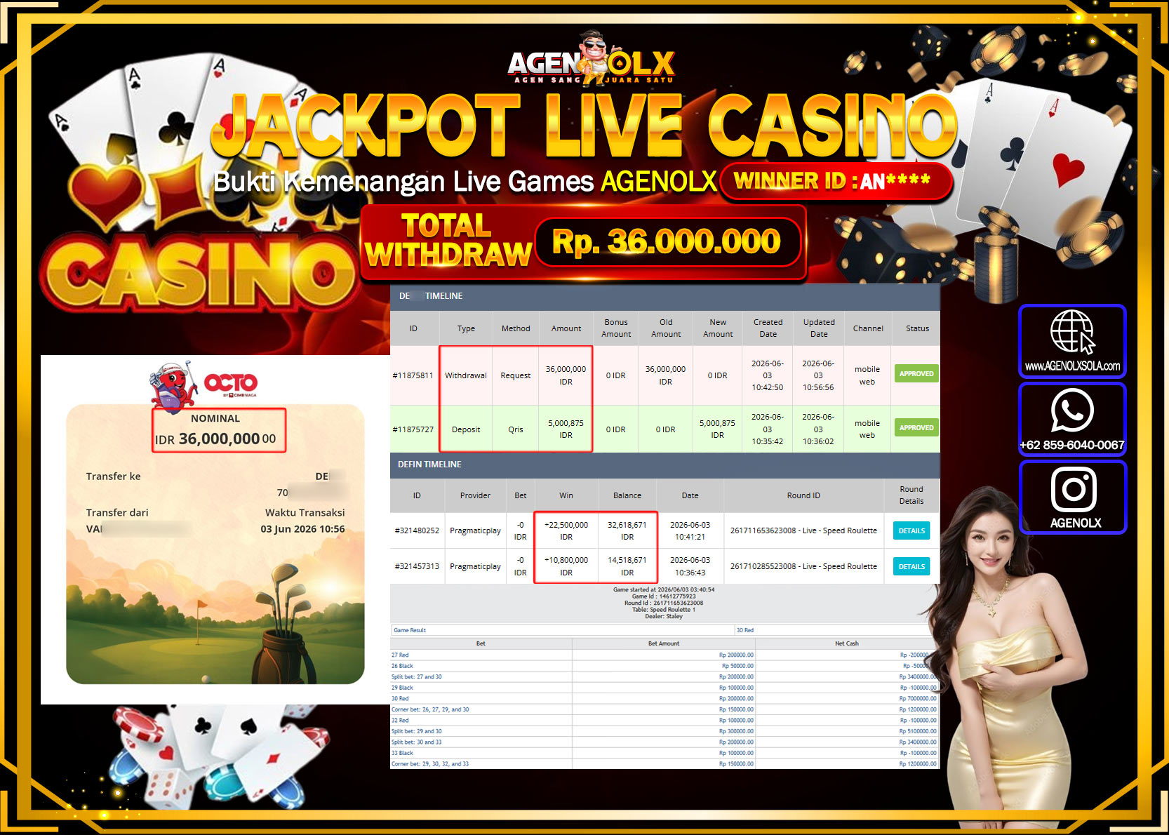 AGENOLX JACKPOT LIVE CASINO SPEED ROULETTE Rp 36.000.000- LUNAS