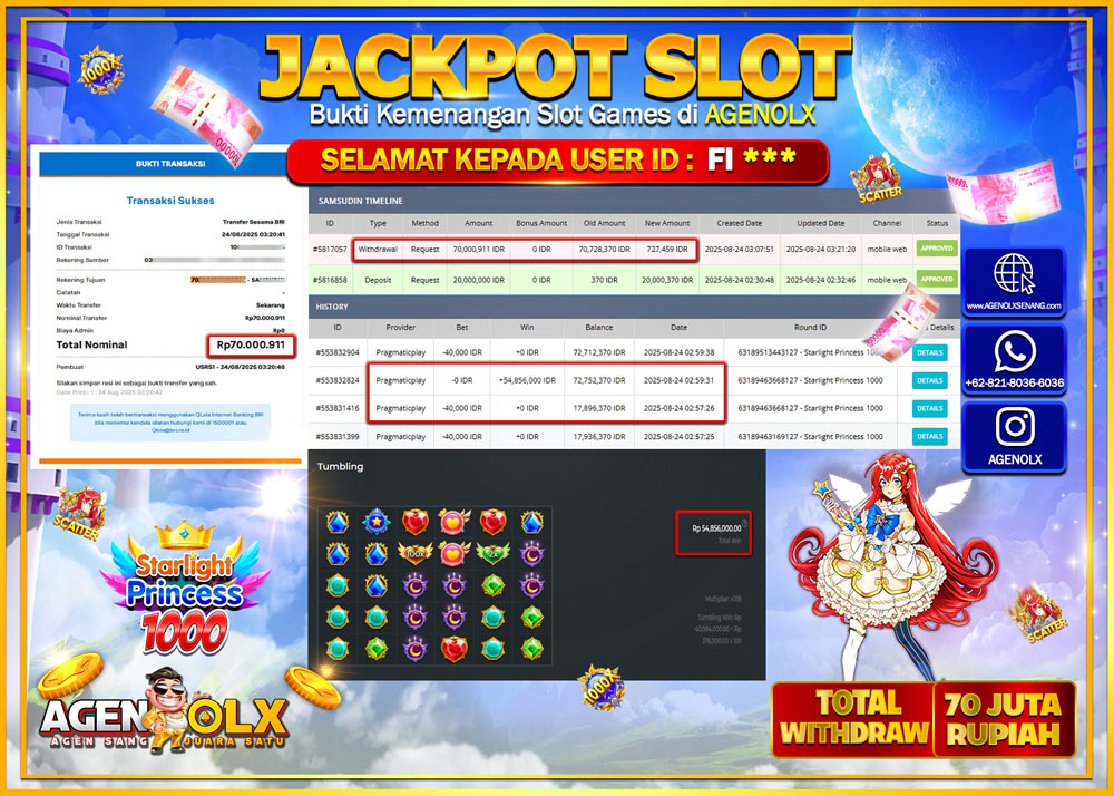 AGENOLX JACKPOT SLOT STARLIGHT PRINCES x1000 Rp 70,000,911,- LUNAS