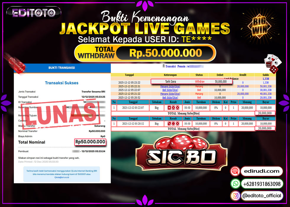 JACKPOT EDITOTO LIVE GAMES SICBO DICE Rp. 50.000.000.,- LUNAS