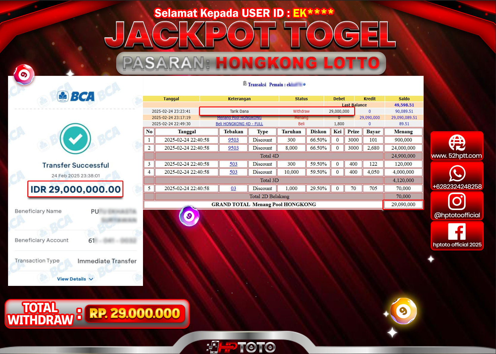 HPTOTO JACKPOT TOGEL PASARAN HONGKONG LOTTO Rp.29.000.000,- LUNAS