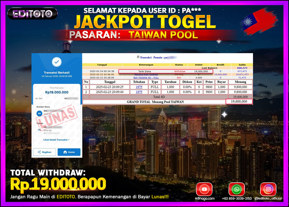 JACKPOT TOGEL PASARAN TAIWAN POOL Rp.19.000.000.,- LUNAS