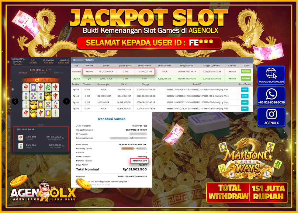 AGENOLX JACKPOT  SLOT MAHJONG WAYS Rp.151.000.000,- LUNAS