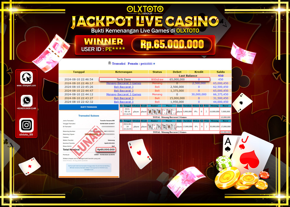 OLXTOTO JACKPOT  LIVE GAMES BACCARAT Rp.65.000.000.,- LUNAS