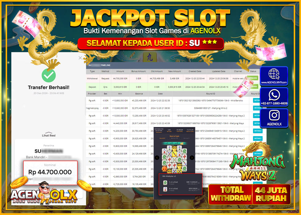 AGENOLX JACKPOT MAHJONG WAYS 2 Rp 44.700.000,- LUNAS