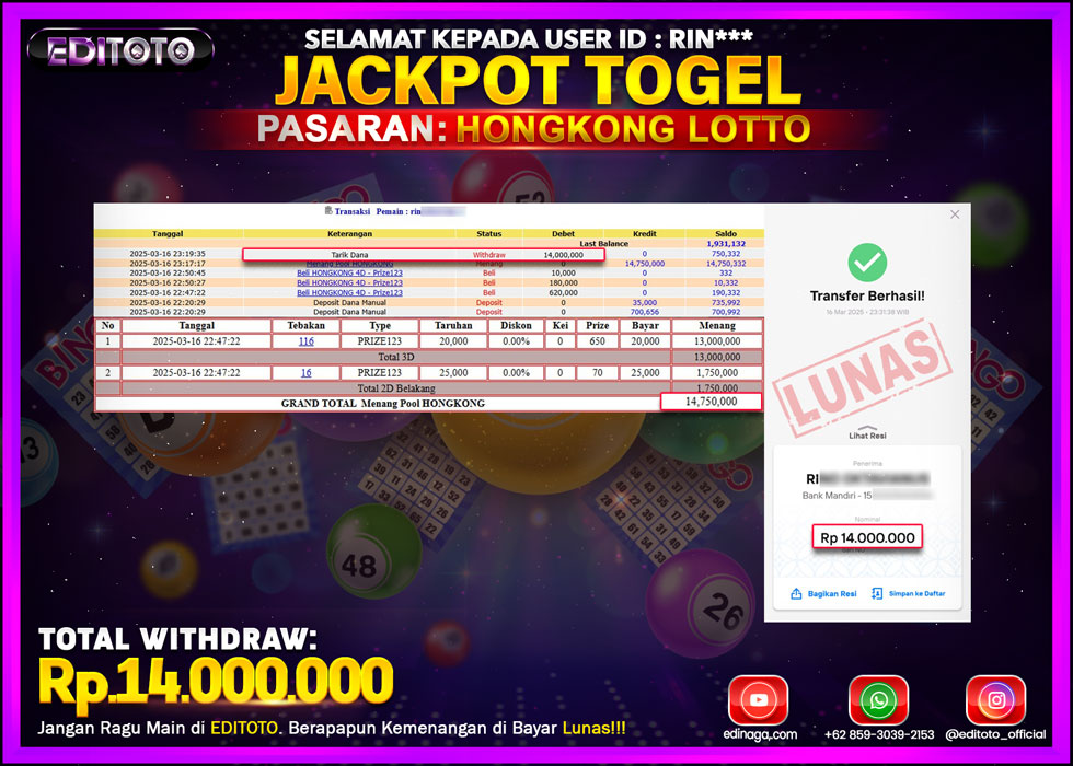 JACKPOT TOGEL PASARAN HONGKONG LOTTO Rp.14.000.000.,- LUNAS