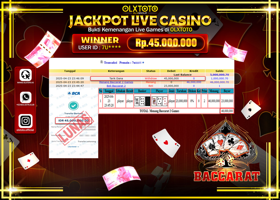 BINTANGSLOT77 JACKPOT  LIVE GAMES BACCARAT 2 Rp.45.000.000.,- LUNAS