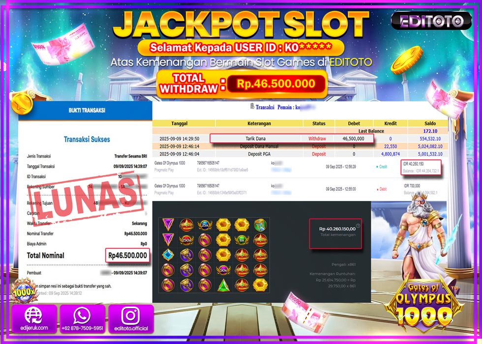 JACKPOT EDITOTO SLOT GATES OF OLYMPUS 1000 Rp.46.500.000,- LUNAS 