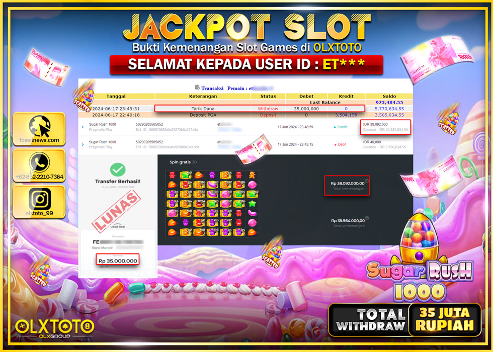 OLXTOTO JACKPOT SLOT SUGAR RUSH 1000  Rp.35.000.000.,- LUNAS