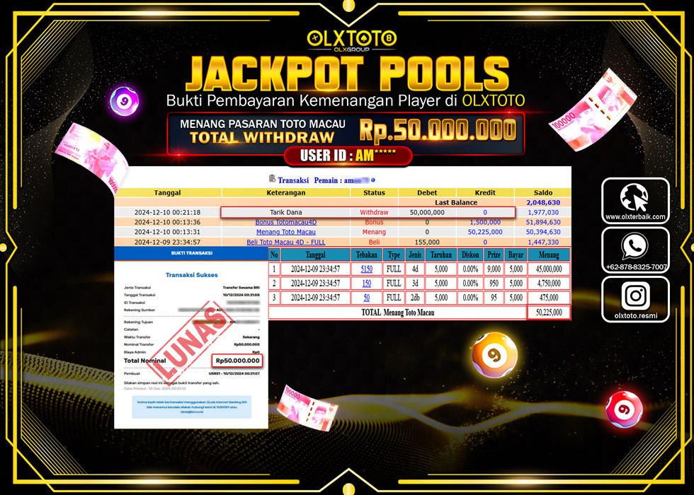 OLXTOTO JACKPOT  TOGEL POOL TOTO MACAU Rp.50.000.000.,- LUNAS