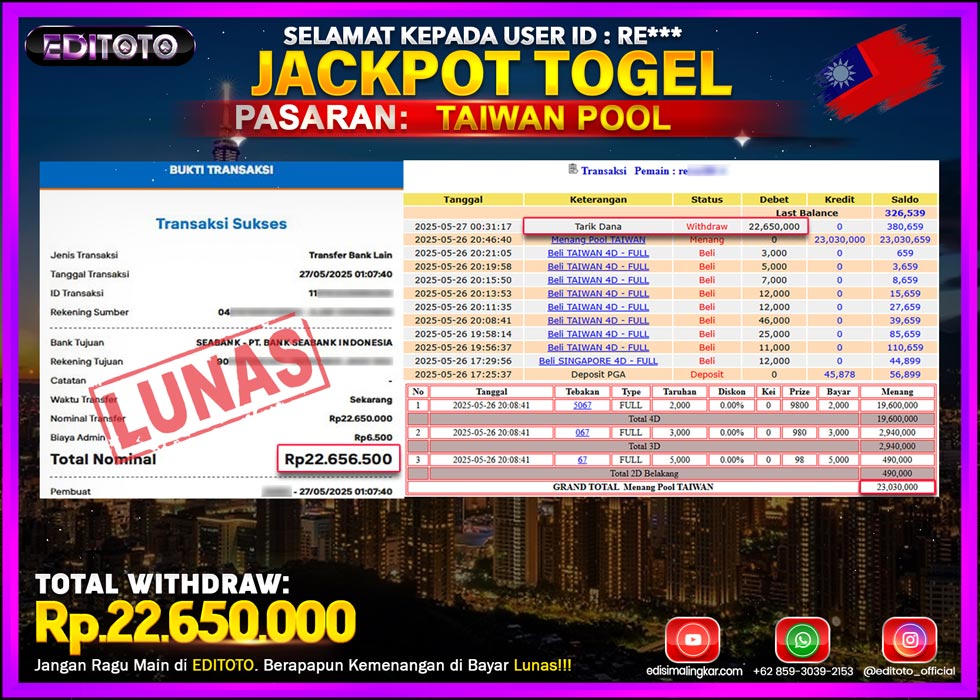JACKPOT EDITOTO TOGEL PASARAN TAIWAN POOL Rp.22.650.000.,- LUNAS