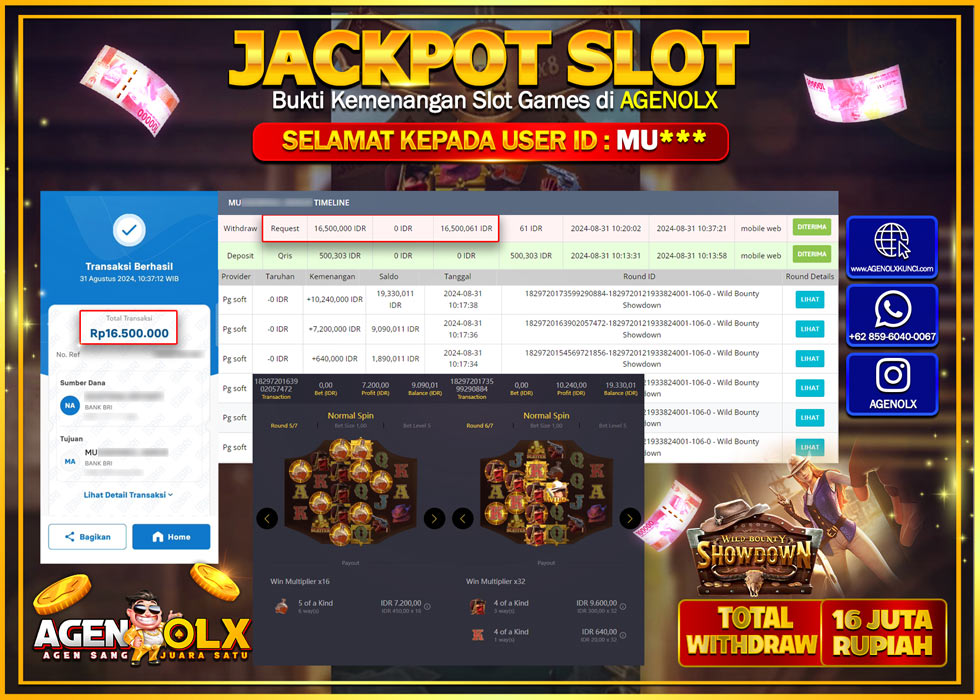 AGENOLX JACKPOT SLOT WILD BOUNTY SHOWDOWN Rp.16.000.000,- LUNAS