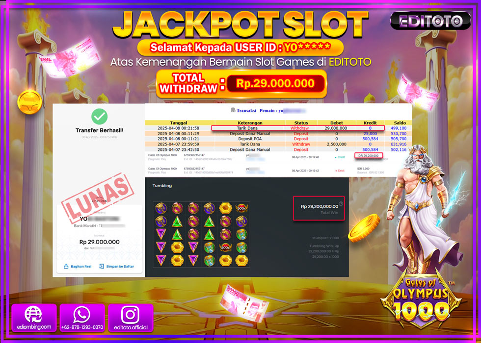 JACKPOT SLOT GATES OF OLYMPUS 1000 Rp.29.000.000,- LUNAS
