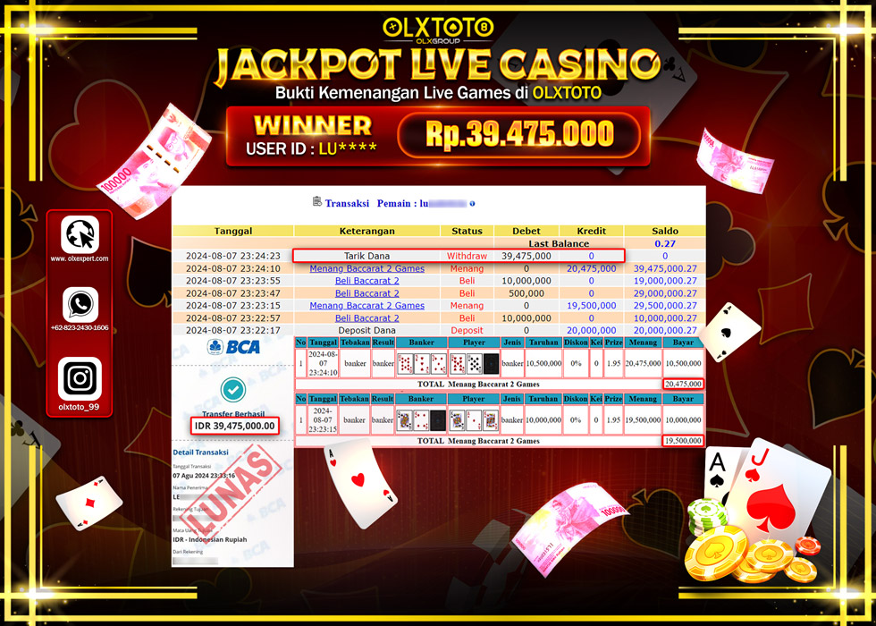 OLXTOTO JACKPOT  LIVE GAMES BACCARAT 2 Rp.39.475.000.,- LUNAS