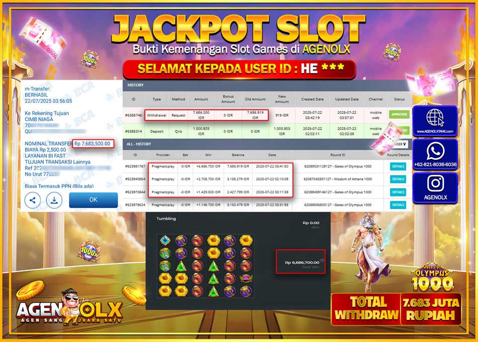 AGENOLX JACKPOT  SLOT GATES OF OLYMPUS 1000 Rp 7.683.000,- LUNAS