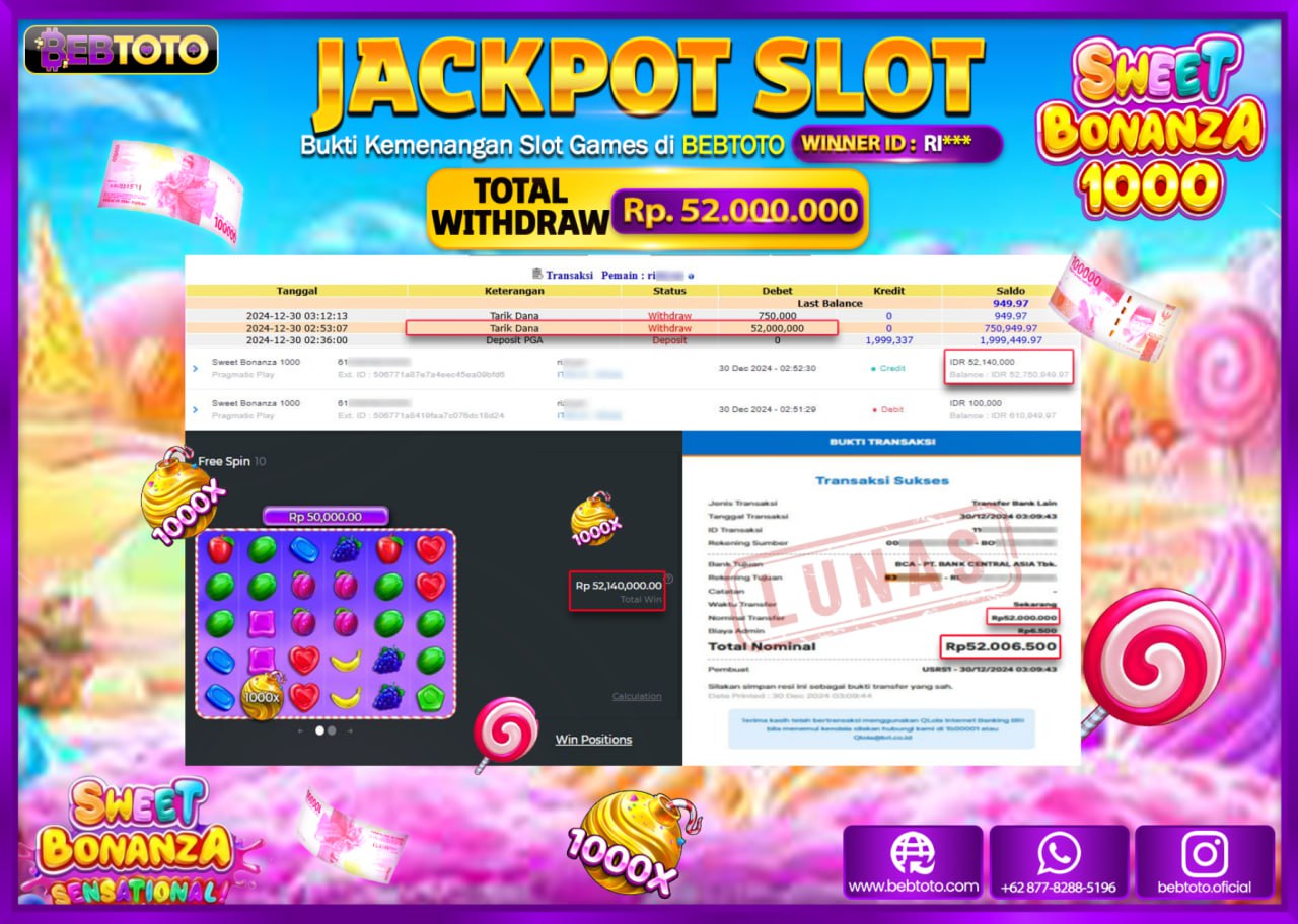 JACKPOT SLOT BEBTOTO SWEET BONANZA 1000 Rp.52.000.000.,- LUNAS