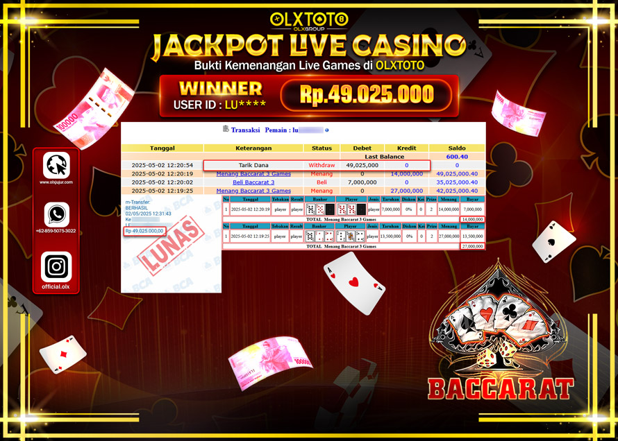 BINTANGSLOT77 JACKPOT  LIVE GAMES BACCARAT 3 Rp.49.025.000.,- LUNAS