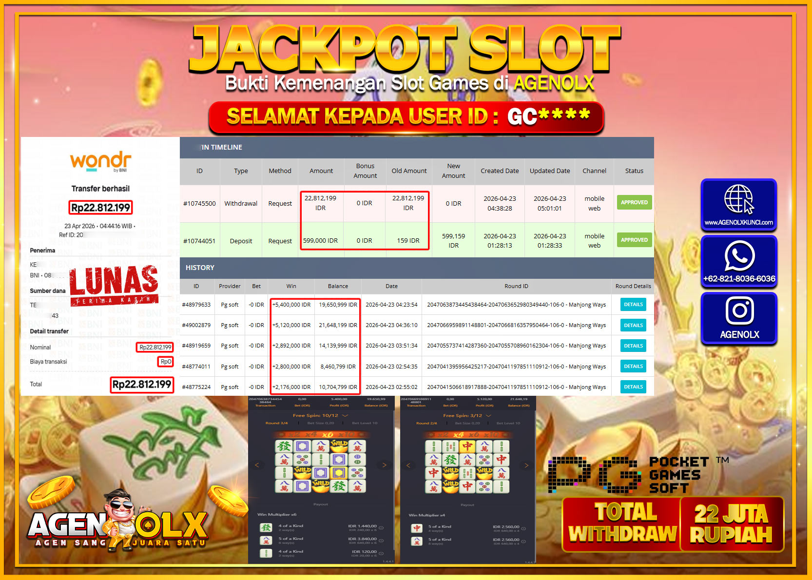 AGENOLX JACKPOT SLOT MAHJONG WAYS  Rp 22.812.199 - LUNAS