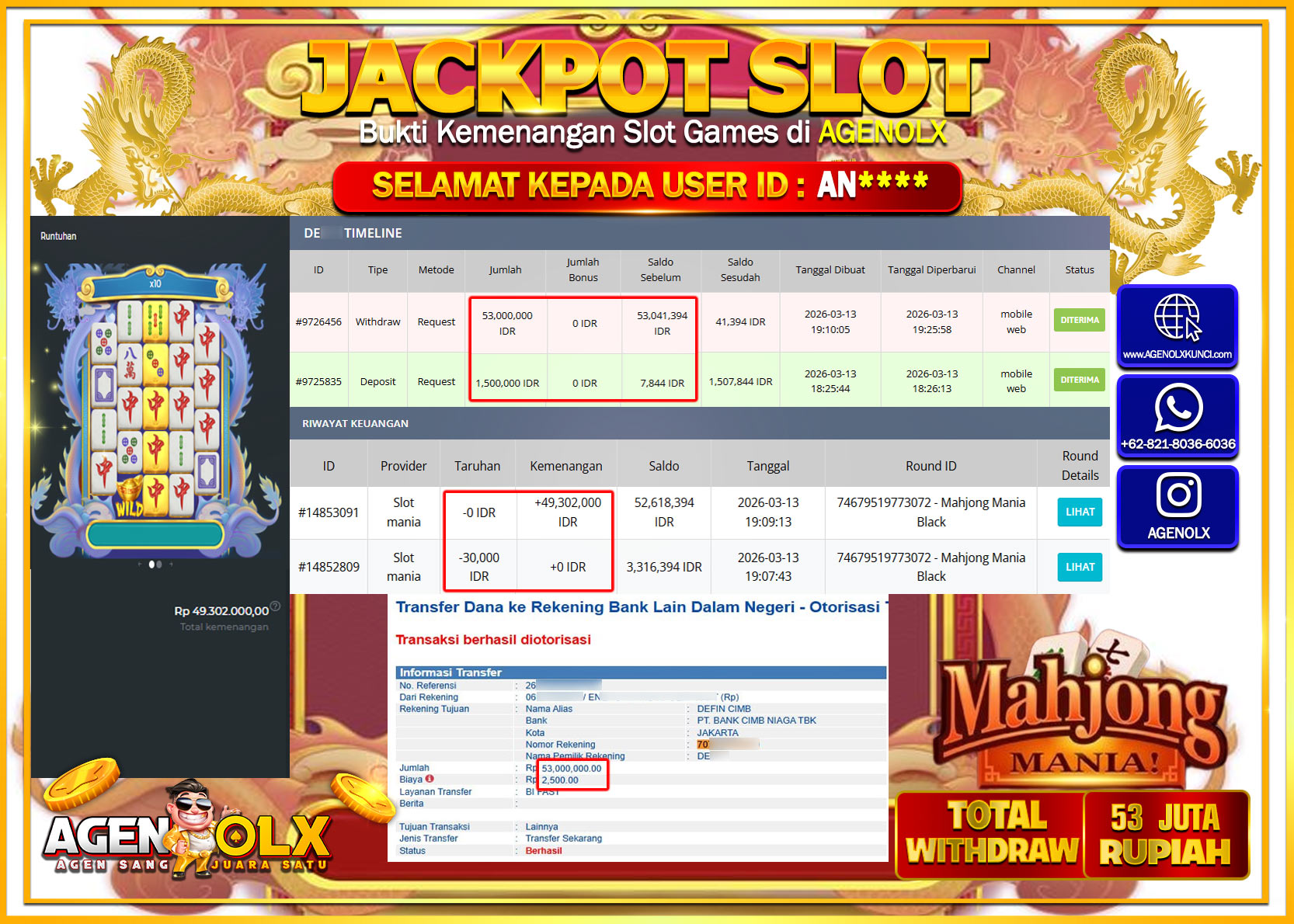 AGENOLX JACKPOT SLOT MAHJONG MAHJONG MANIA BLACK Rp 53.000.000 - LUNAS