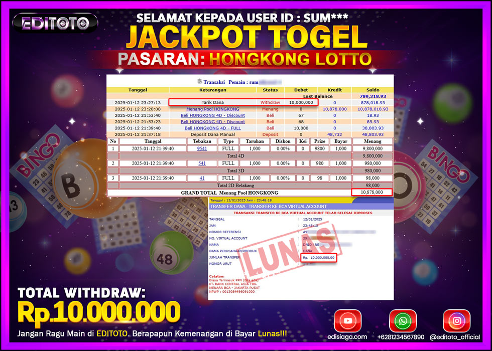 JACKPOT TOGEL PASARAN HONGKONG LOTTO Rp.10.000.000.,- LUNAS