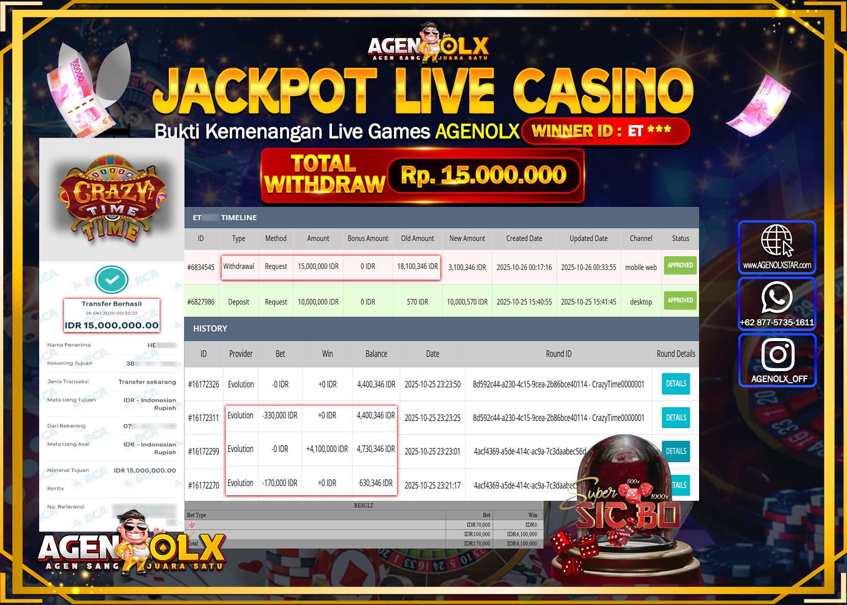AGENOLX JACKPOT LIVE CASINO CRAZY TIME  Rp 15,000,000,- LUNAS