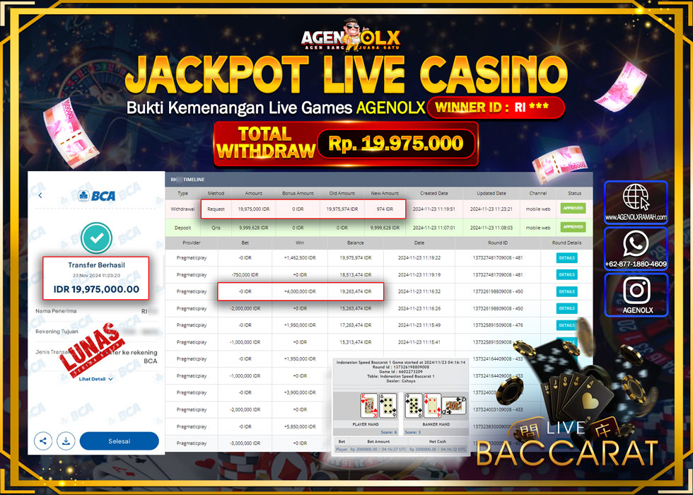 AGENOLX JACKPOT  LIVE CASINO BACCARAT  Rp 19.975.000,- LUNAS