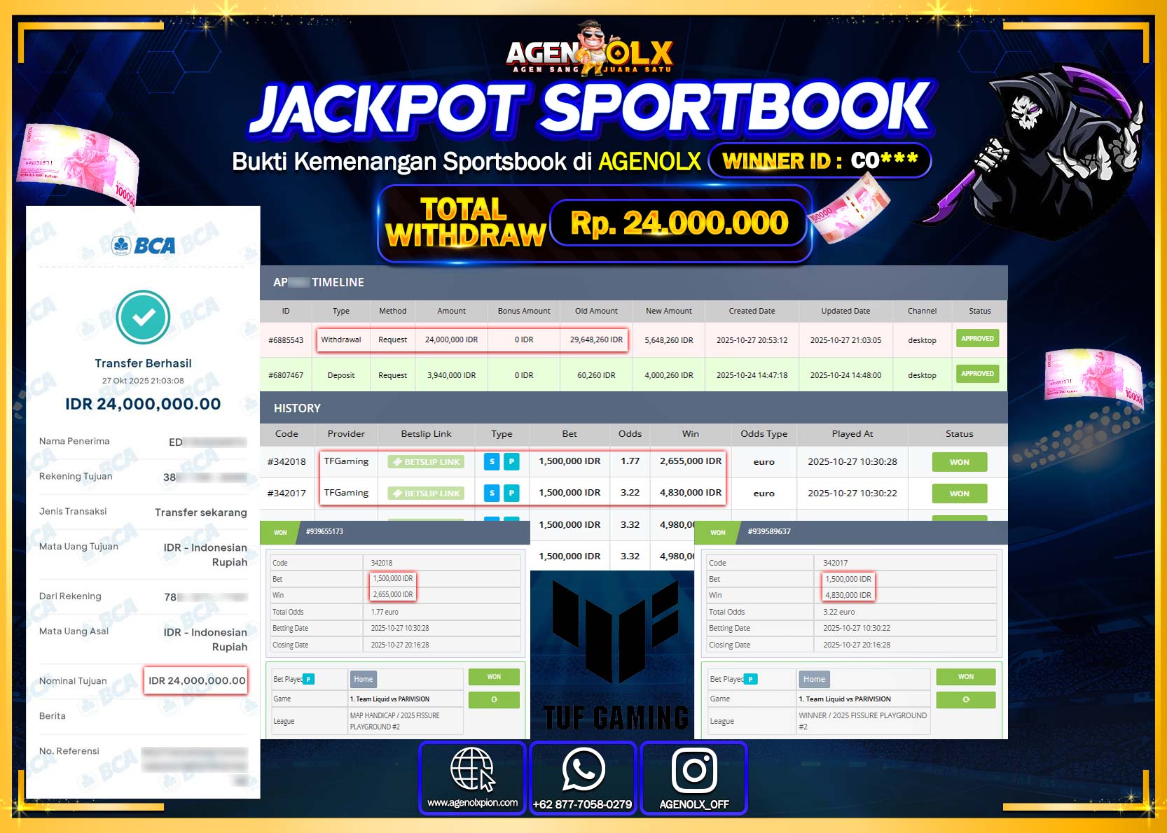 AGENOLX JACKPOT SPORTBOOK TF GAMING  Rp 24,000,000,- LUNAS