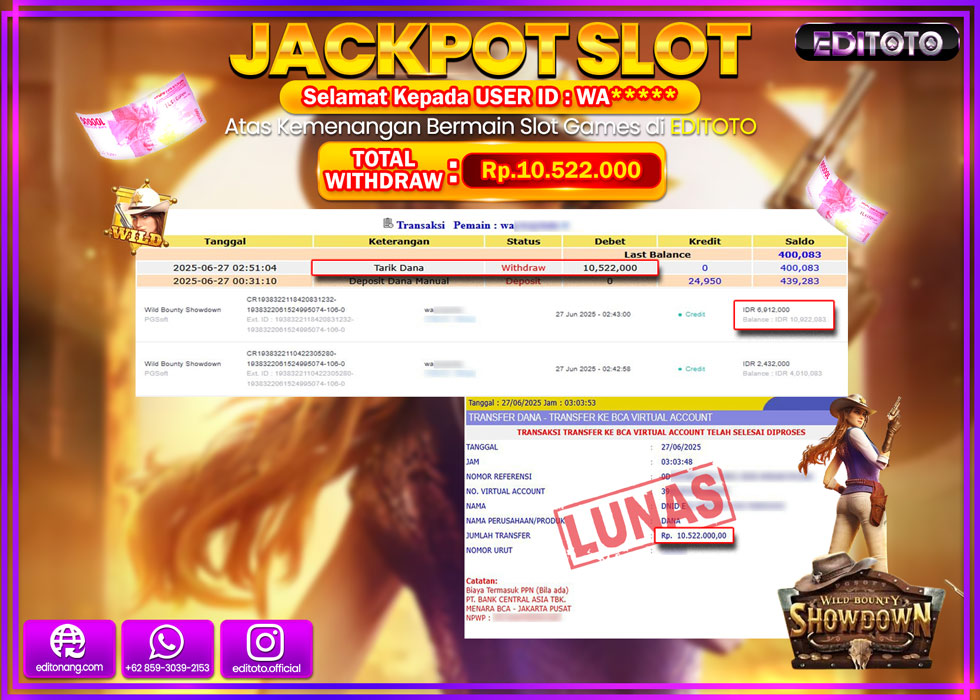 JACKPOT EDITOTO SLOT WILD BOUNTY SHOWDOWN Rp.10.522.000,- LUNAS 