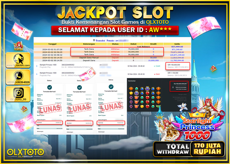 OLXTOTO JACKPOT SLOT STARLIGHT PRINCESS 1000 Rp.170.000.000.,- LUNAS