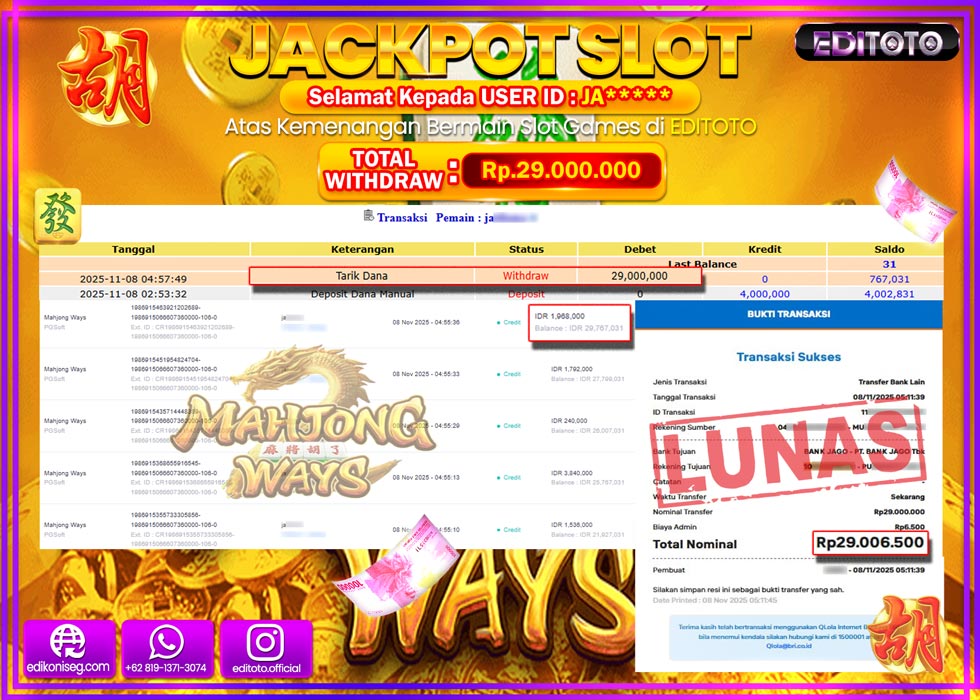 JACKPOT EDITOTO SLOT MAHJONG WAYS Rp.29.000.000,- LUNAS