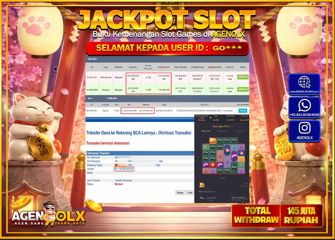 AGENOLX JACKPOT SLOT  LUCKY NEKO Rp 145.000.000- LUNAS