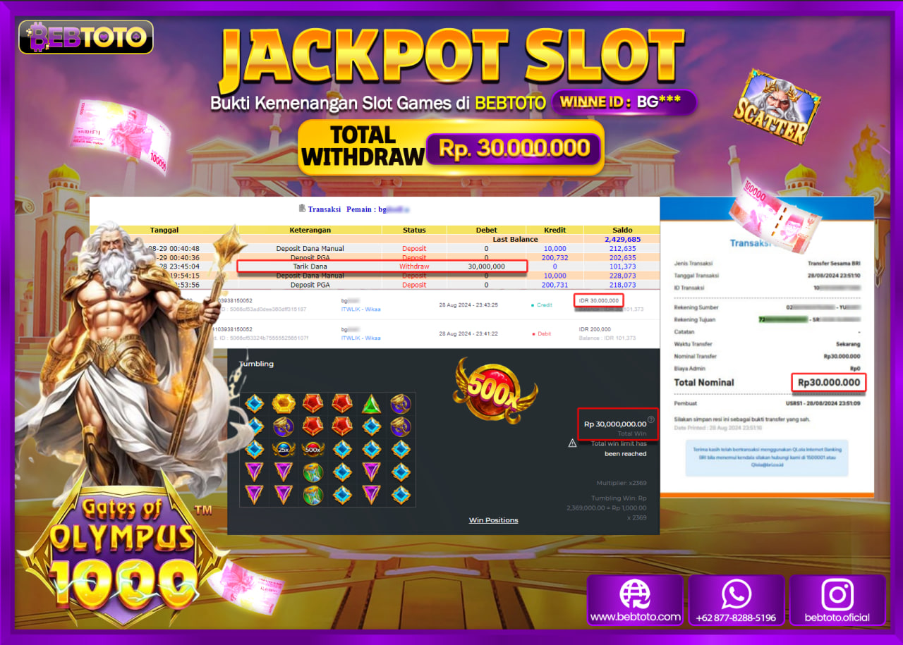 JACKPOT SLOT BEBTOTO Gates Of Olympus 1000 Rp.30.000.000.,- LUNAS