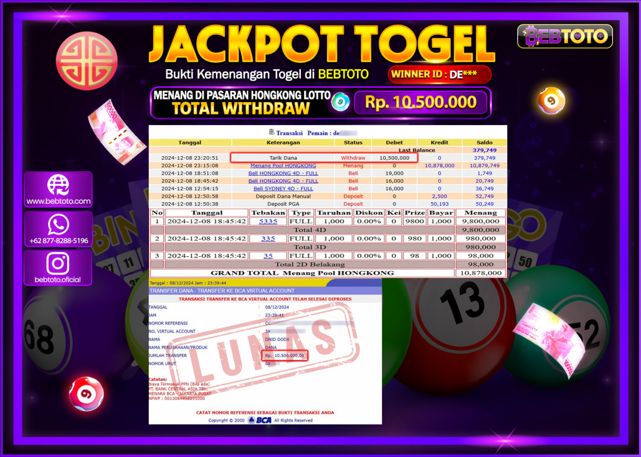 JACKPOT TOGEL BEBTOTO HONGKONG LOTTO Rp.10.500.000.,- LUNAS