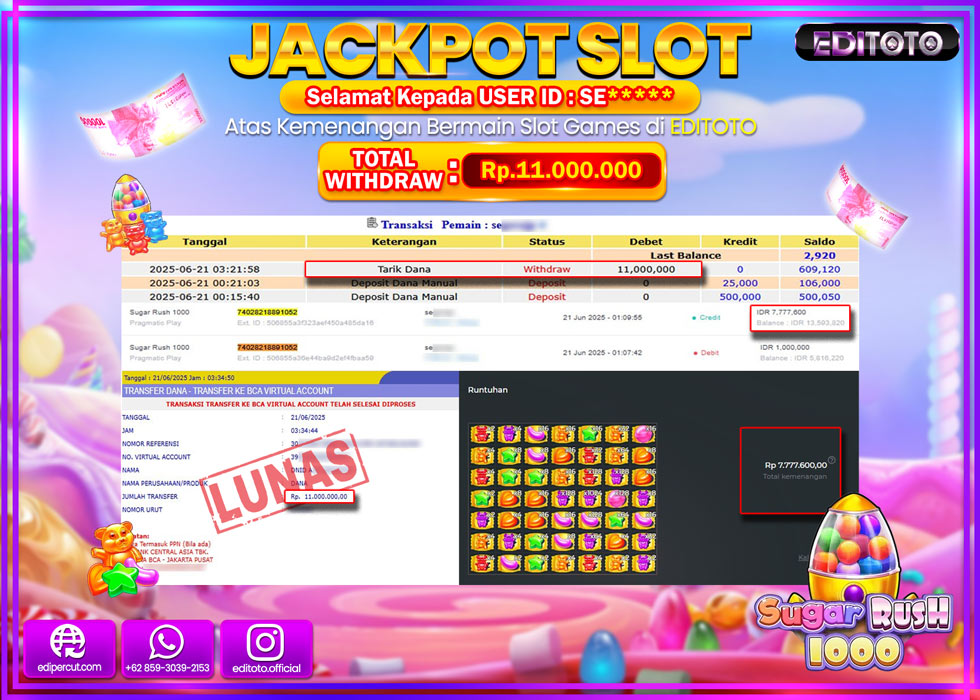 JACKPOT EDITOTO SLOT SUGAR RUSH 1000 Rp.11.000.000,- LUNAS