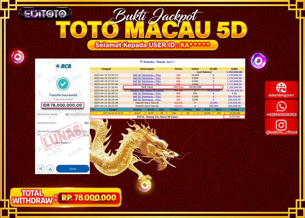 JACKPOT EDITOTO TOGEL PASARAN TOTOMACAU 5D Rp.78.000.000.,- LUNAS