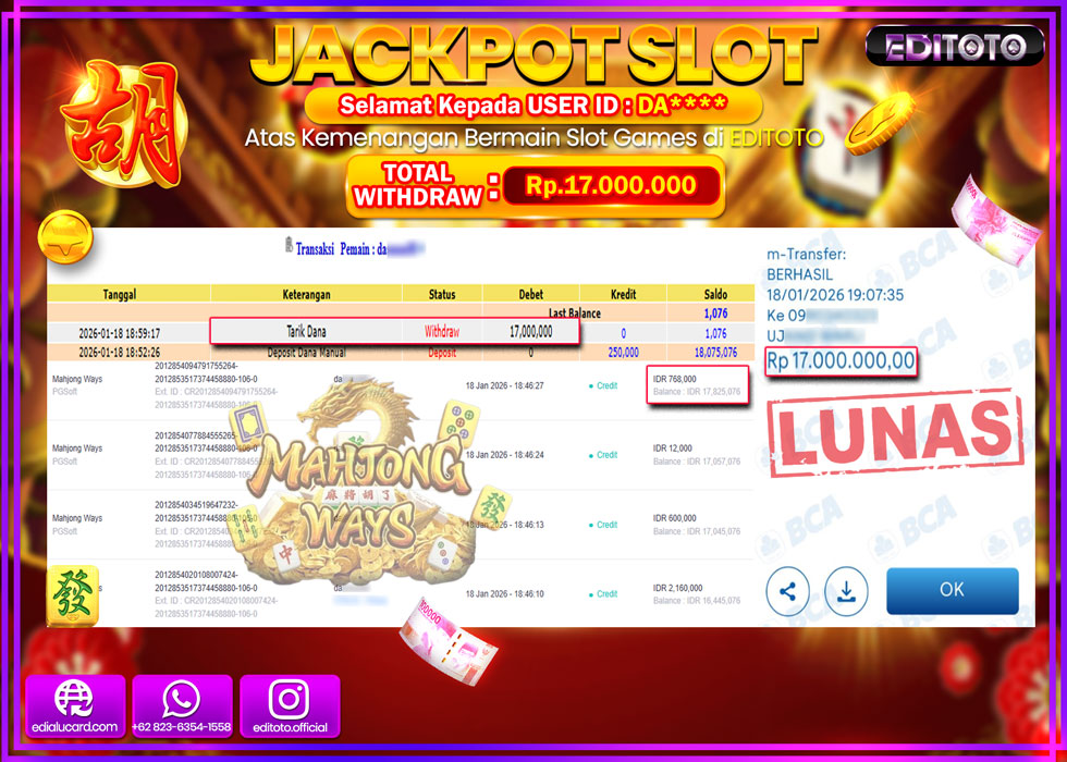 JACKPOT EDITOTO SLOT MAHJONG WAYS Rp.17.000.000,- LUNAS