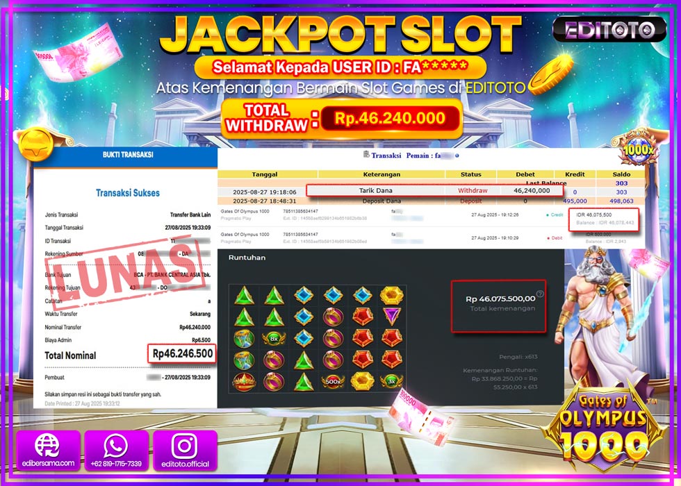 JACKPOT EDITOTO SLOT GATES OF OLYMPUS 1000 Rp.46.240.000,- LUNAS 