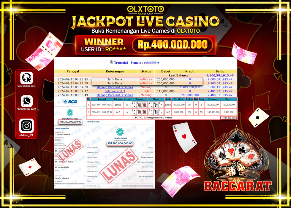 OLXTOTO JACKPOT  LIVE GAMES BACCARAT 3 Rp.400.000.000.,- LUNAS