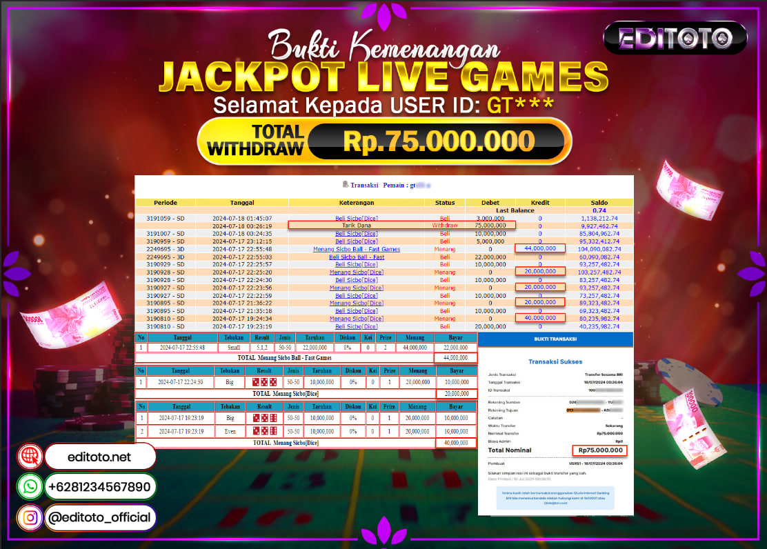 JACKPOT LIVE GAME EDITOTO SICBO Rp.75.000.000.,- LUNAS