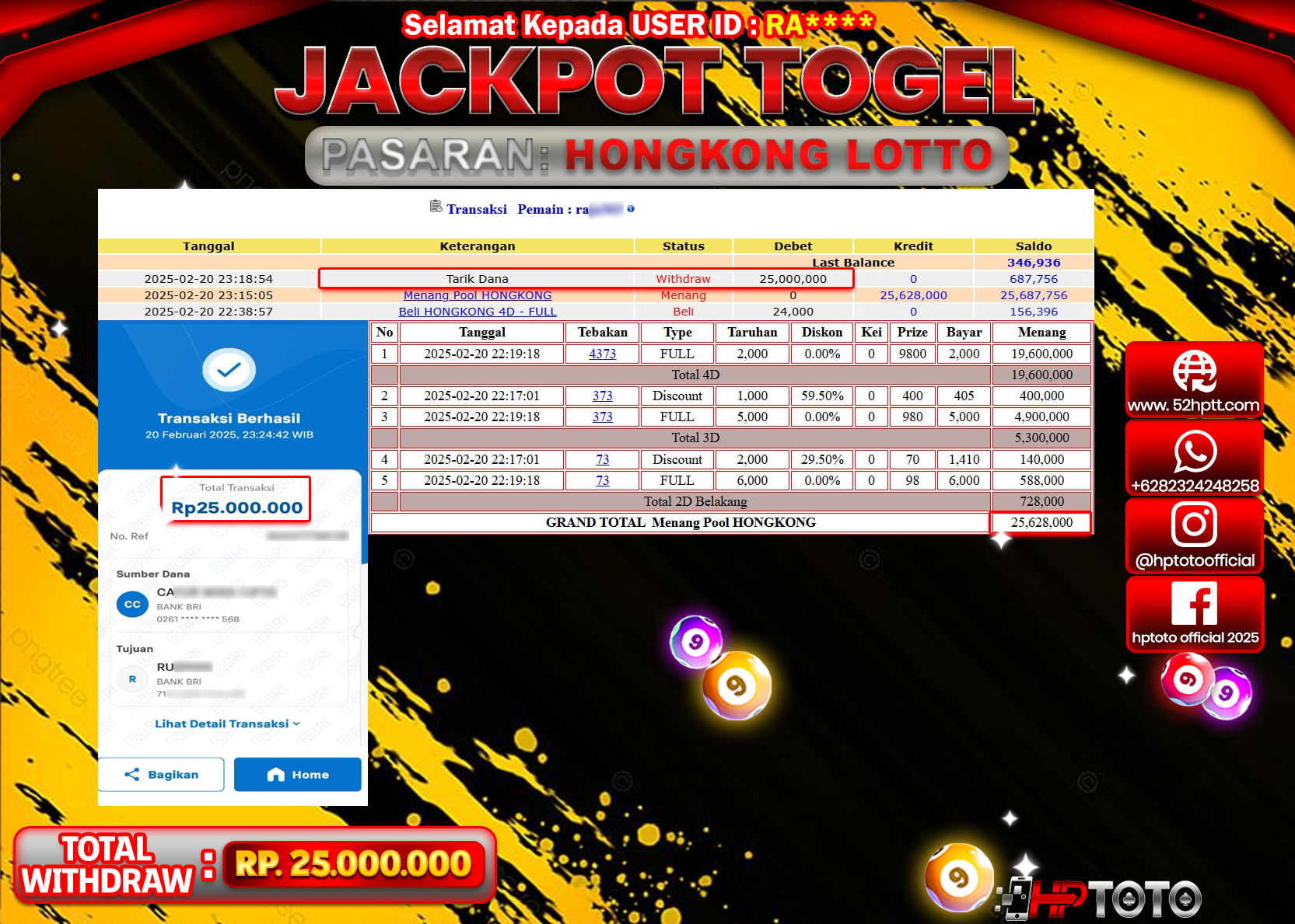 HPTOTO JACKPOT TOGEL PASARAN HONGKONG LOTTO Rp.25.000.000,- LUNAS
