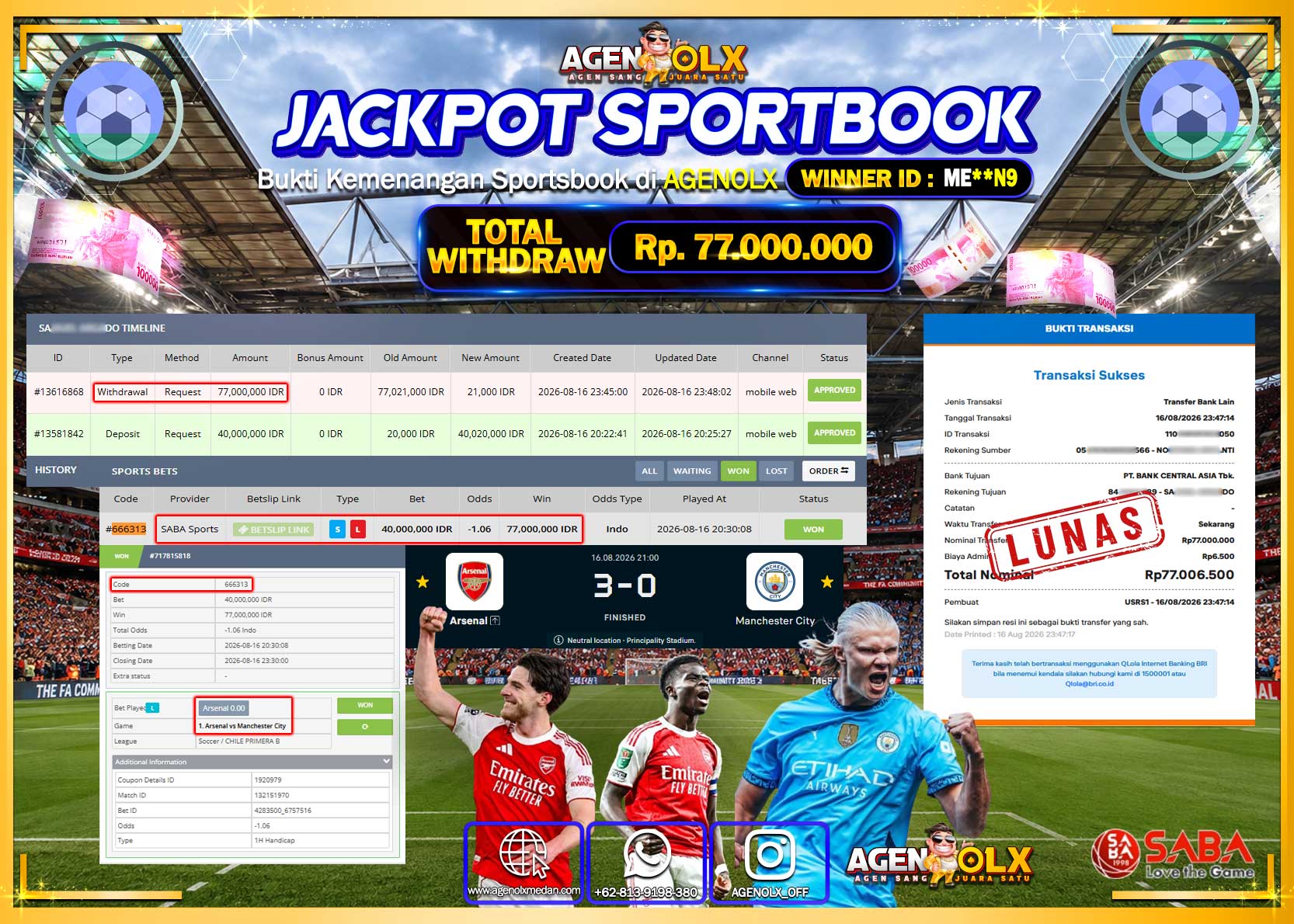 AGENOLX JACKPOT SPORTBOOK SABA SPORT Rp 77.000.000 -LUNAS