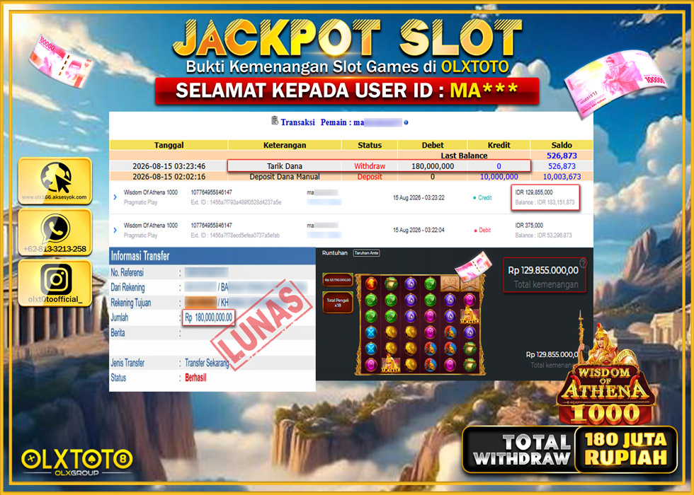LUNATOGEL JACKPOT SLOT WISDOM OF ATHENA 1000 Rp.180.000.000,- LUNAS