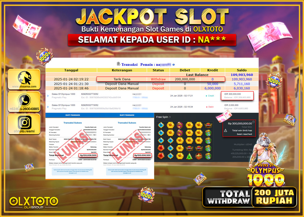 OLXTOTO JACKPOT  SLOT GATES OF OLYMPUS 1000 Rp.200.000.000.,- LUNAS