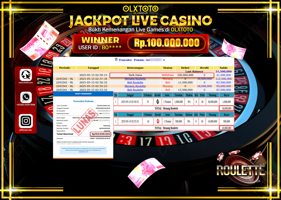 BINTANGSLOT77 JACKPOT  LIVE GAMES ROULETTE Rp.100.000.000.,- LUNAS