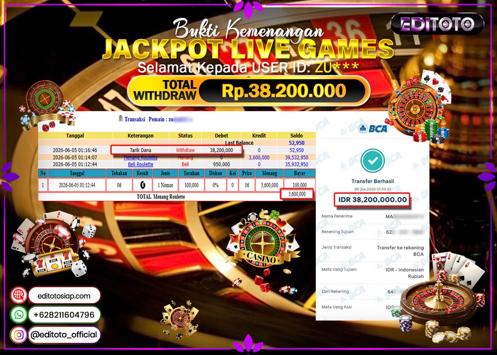 JACKPOT EDITOTO LIVE GAMES ROULLET Rp.38.200.000.,- LUNAS