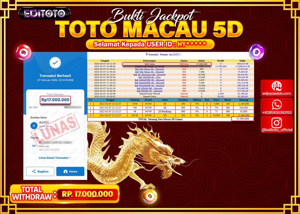JACKPOT TOGEL PASARAN TOTOMACAU 5D Rp.17.000.000.,- LUNAS