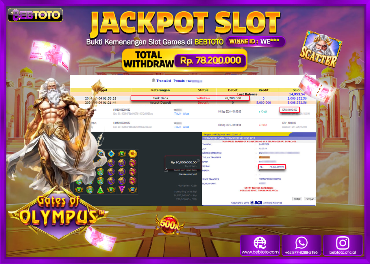 JACKPOT SLOT BEBTOTO Gates Of Olympus Rp.78.200.000.,- LUNAS